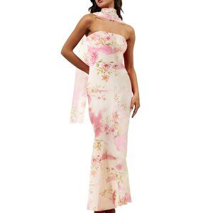 Women Floral Maxi Dress with Scarf Party Club Homecoming Cockatail Wedding Guest